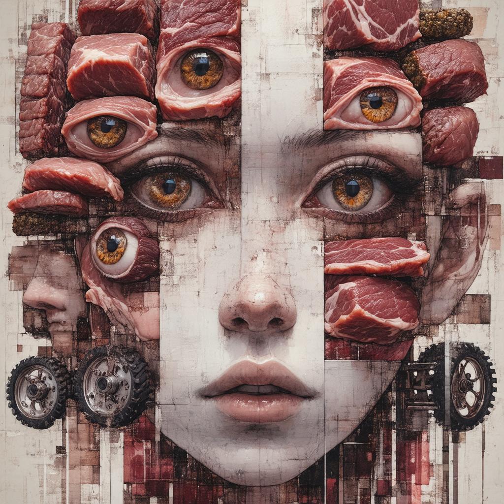 Minimalist Face of Many Eyes and Meat Wheels