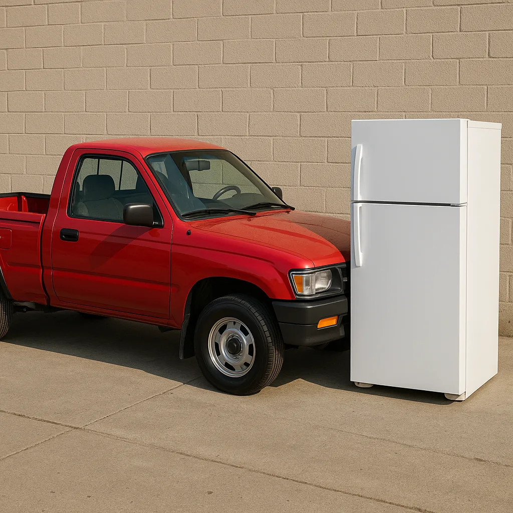 White Refrigerator Positioned Next to a Parked Red Pickup Truck