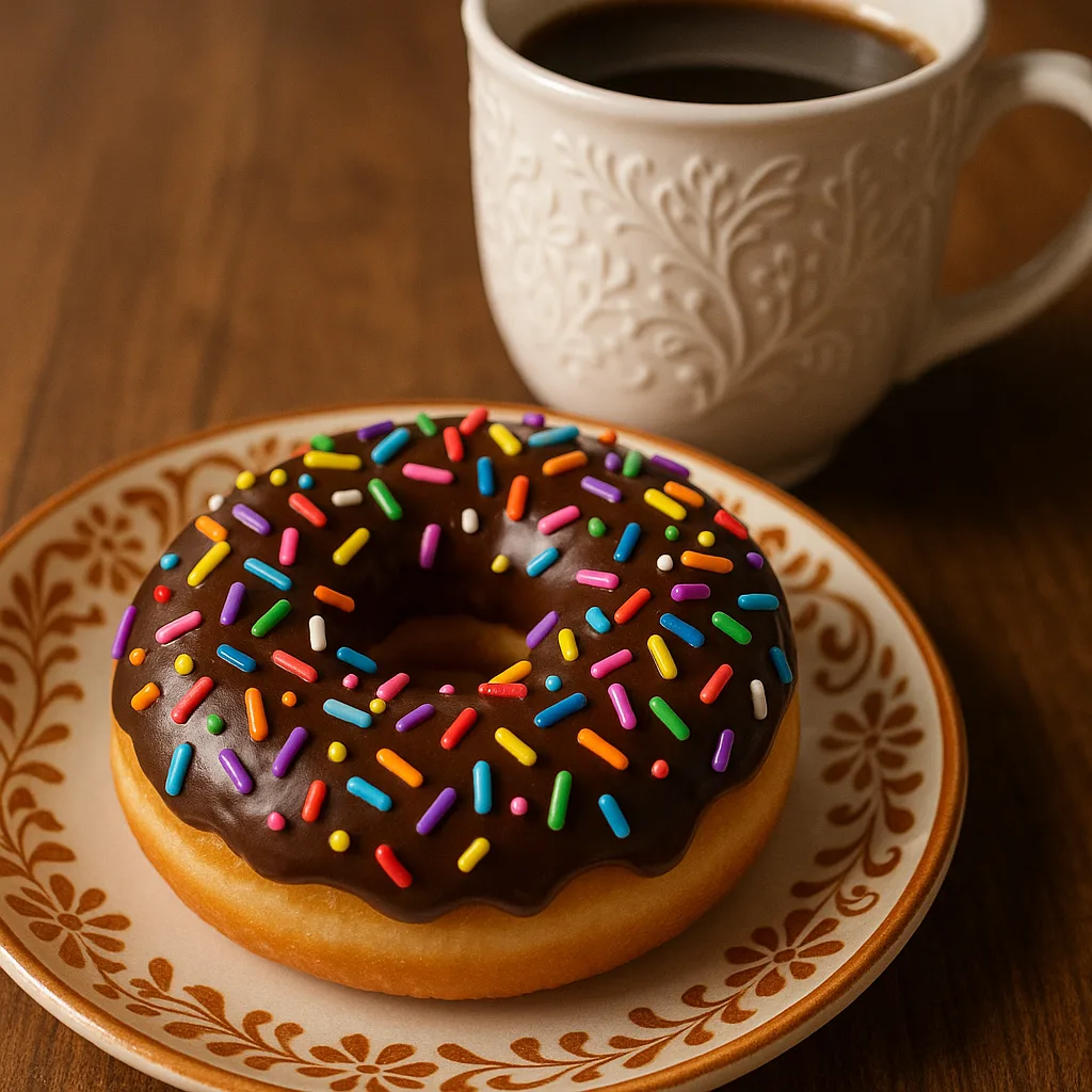 Chocolate Donut with Colorful Sprinkles on a Patterned Plate
