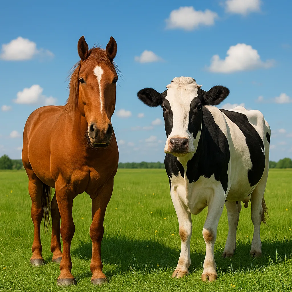 Cow and a Horse Side by Side in a Lush