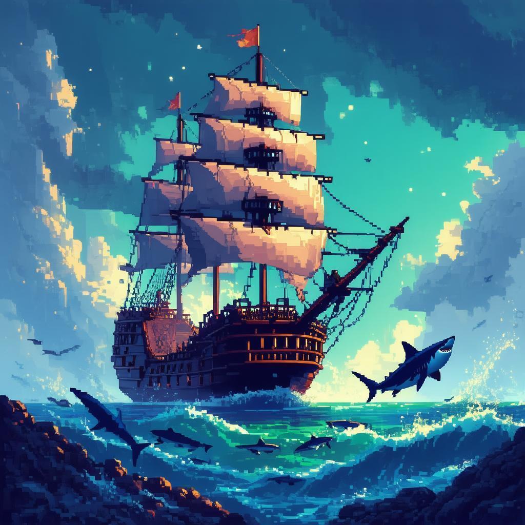 Pixel Pirate Ship Battling Sharks in 16 Bit
