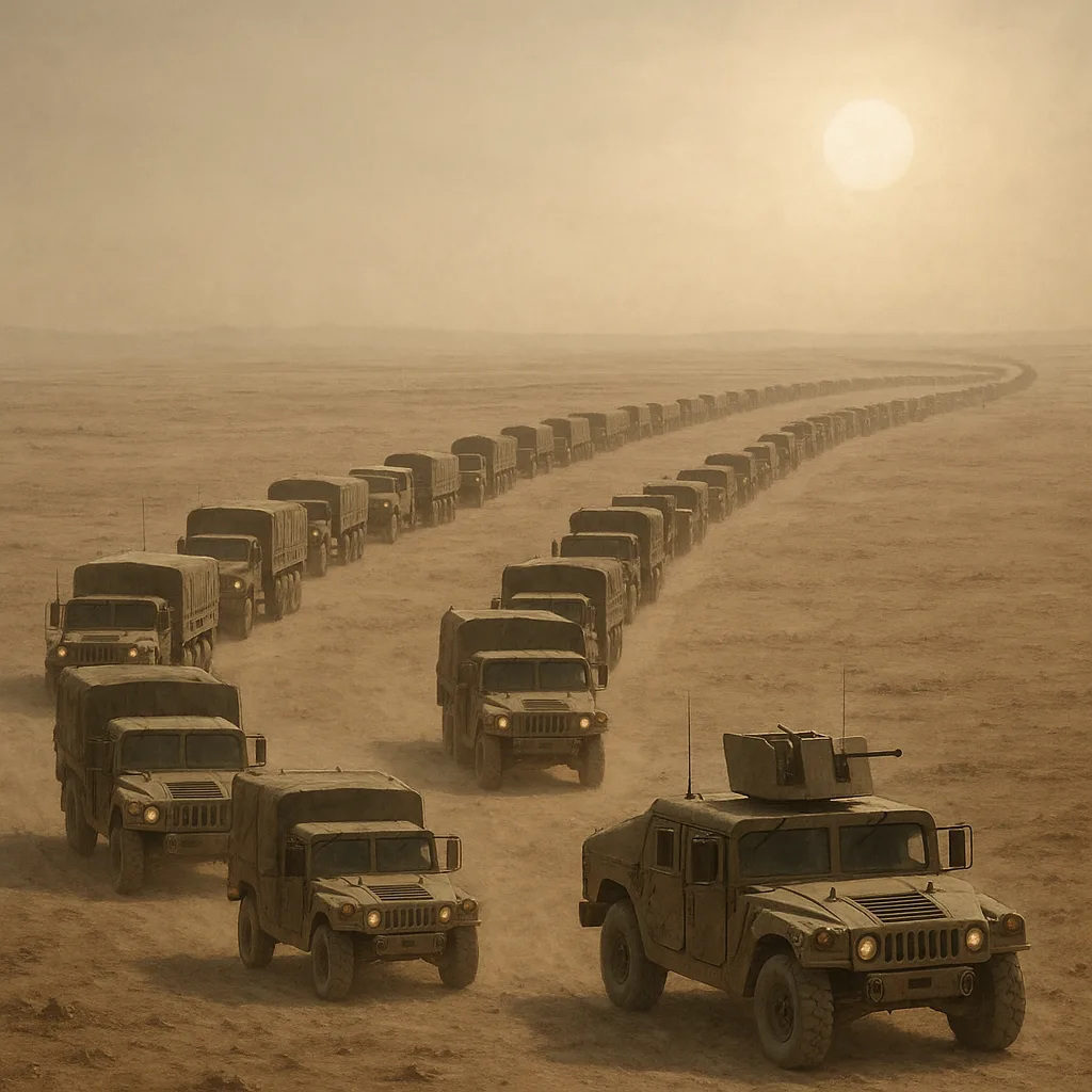 Seemingly Endless Convoy of Military Vehicles Snakes Across a Barren
