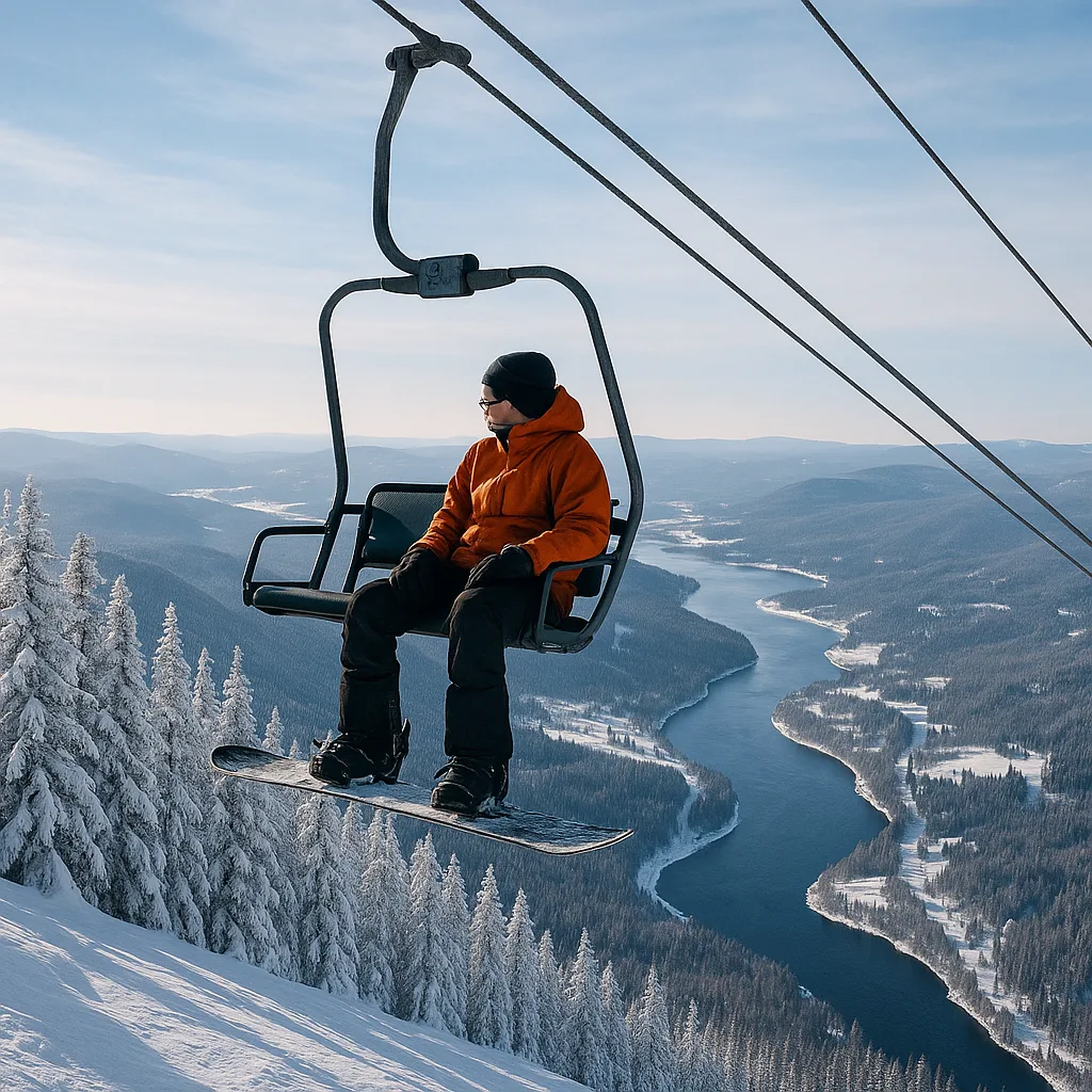 Snowboarder Rides a Ski Lift on a Snowy Mountain
