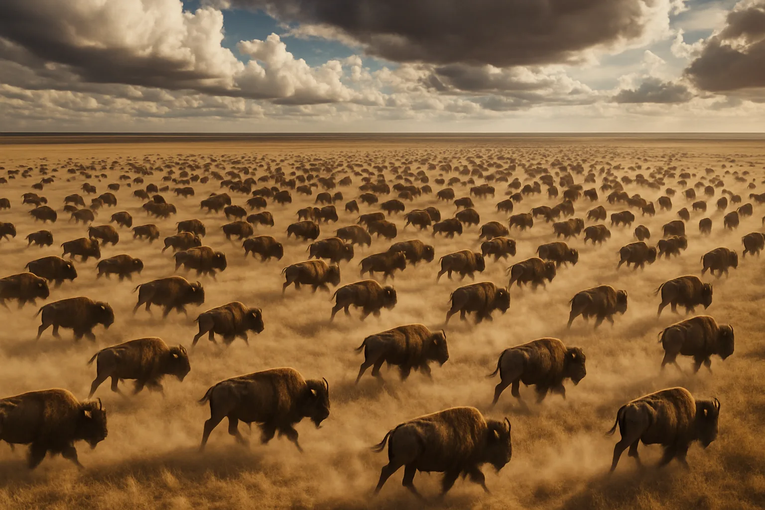 Vast Herd of Hundreds of Distant Bison Kicks Up Trails