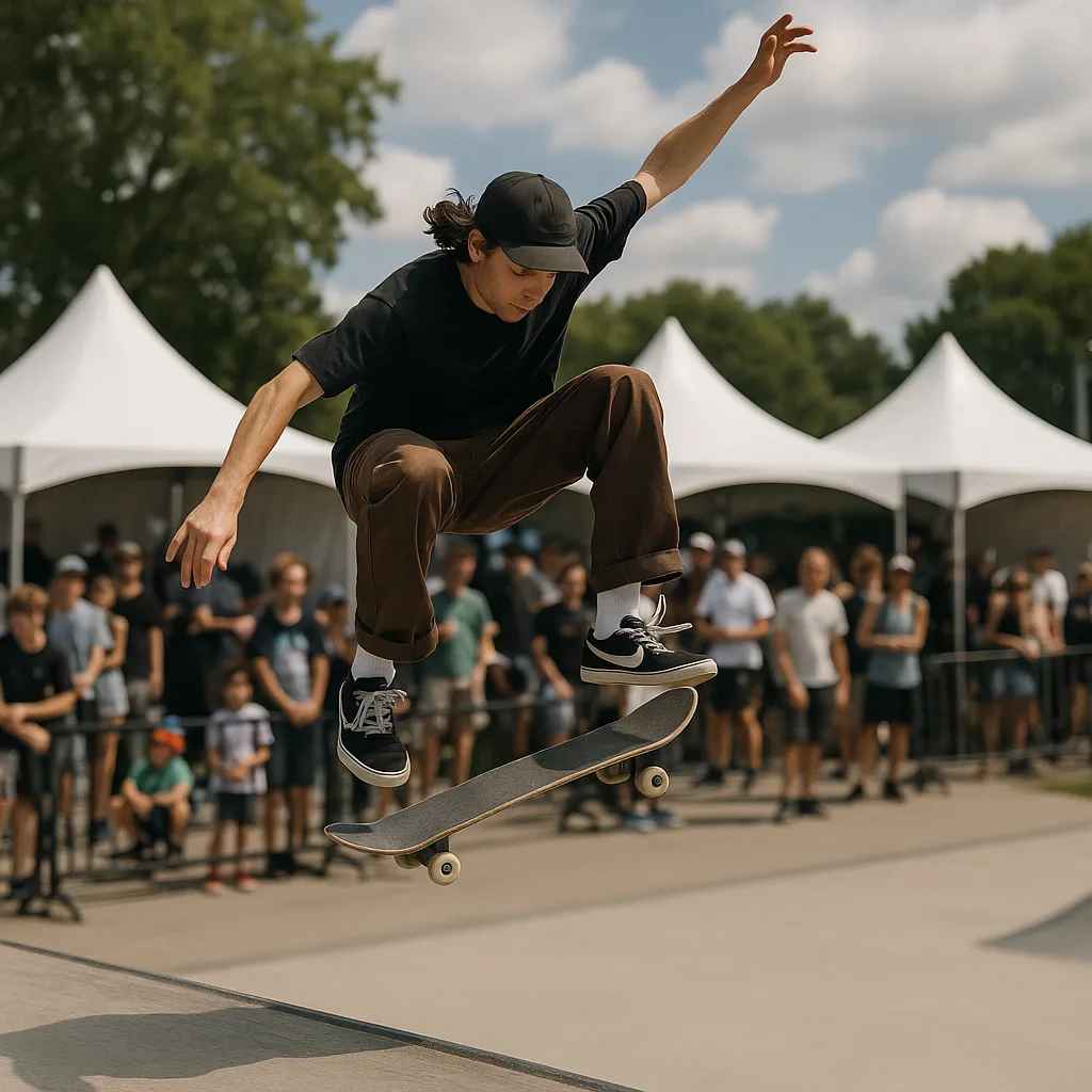 Skateboarder Performing a Mid-air Trick in an Outdoor Event