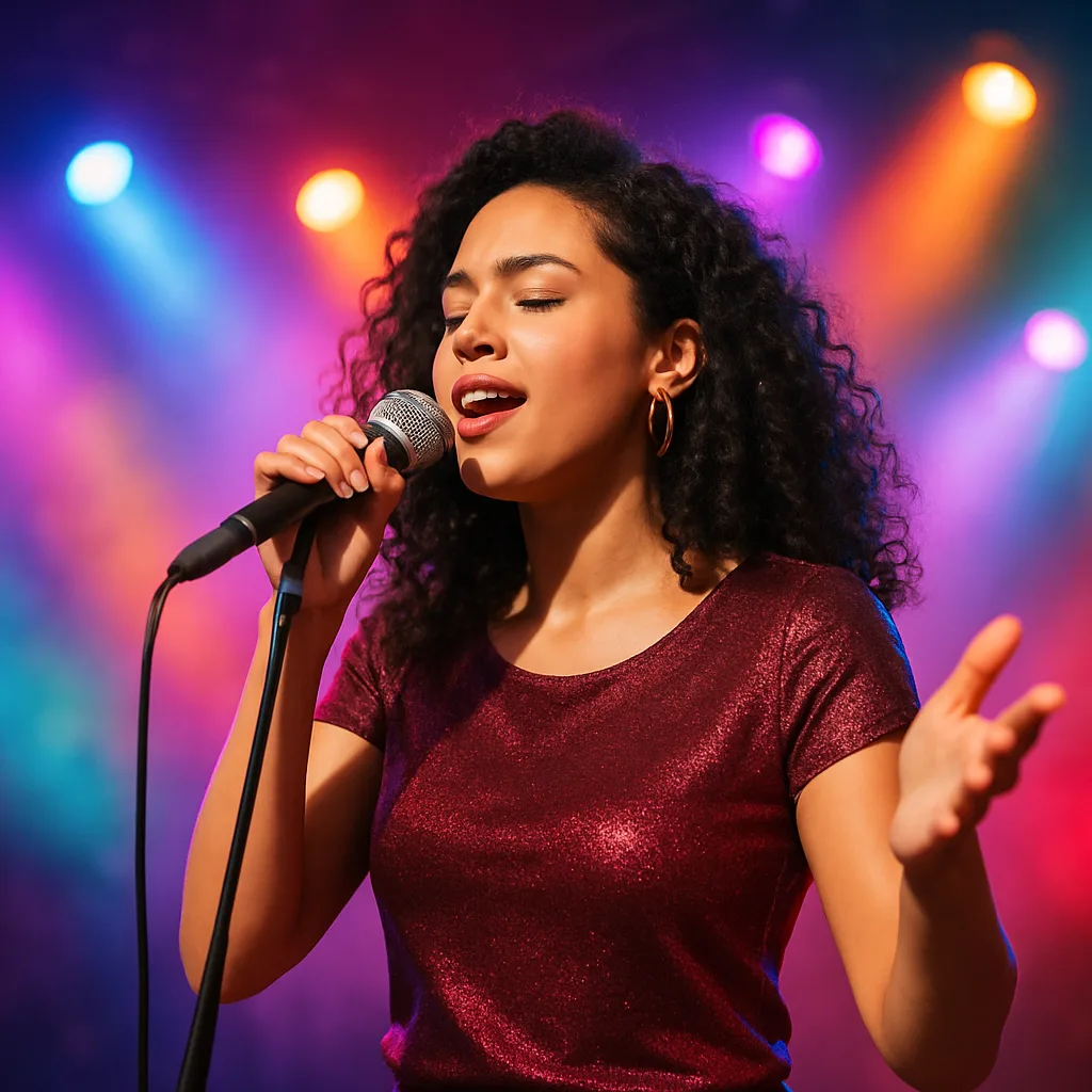 Female Artist Singing into a Microphone on a Stage