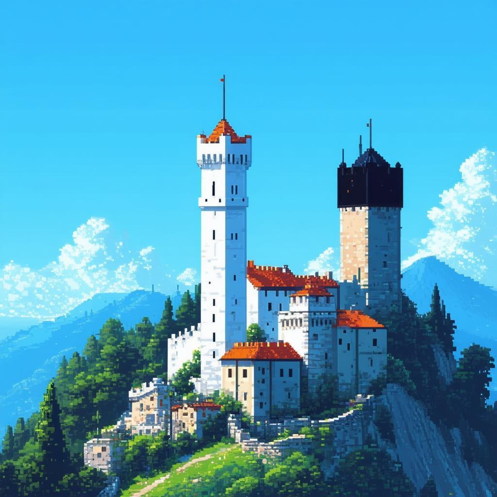 White and Black Towers Over a Pixel European City