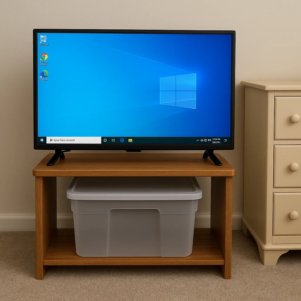 Television Displaying a Desktop Screen Sits on a Wooden Stand