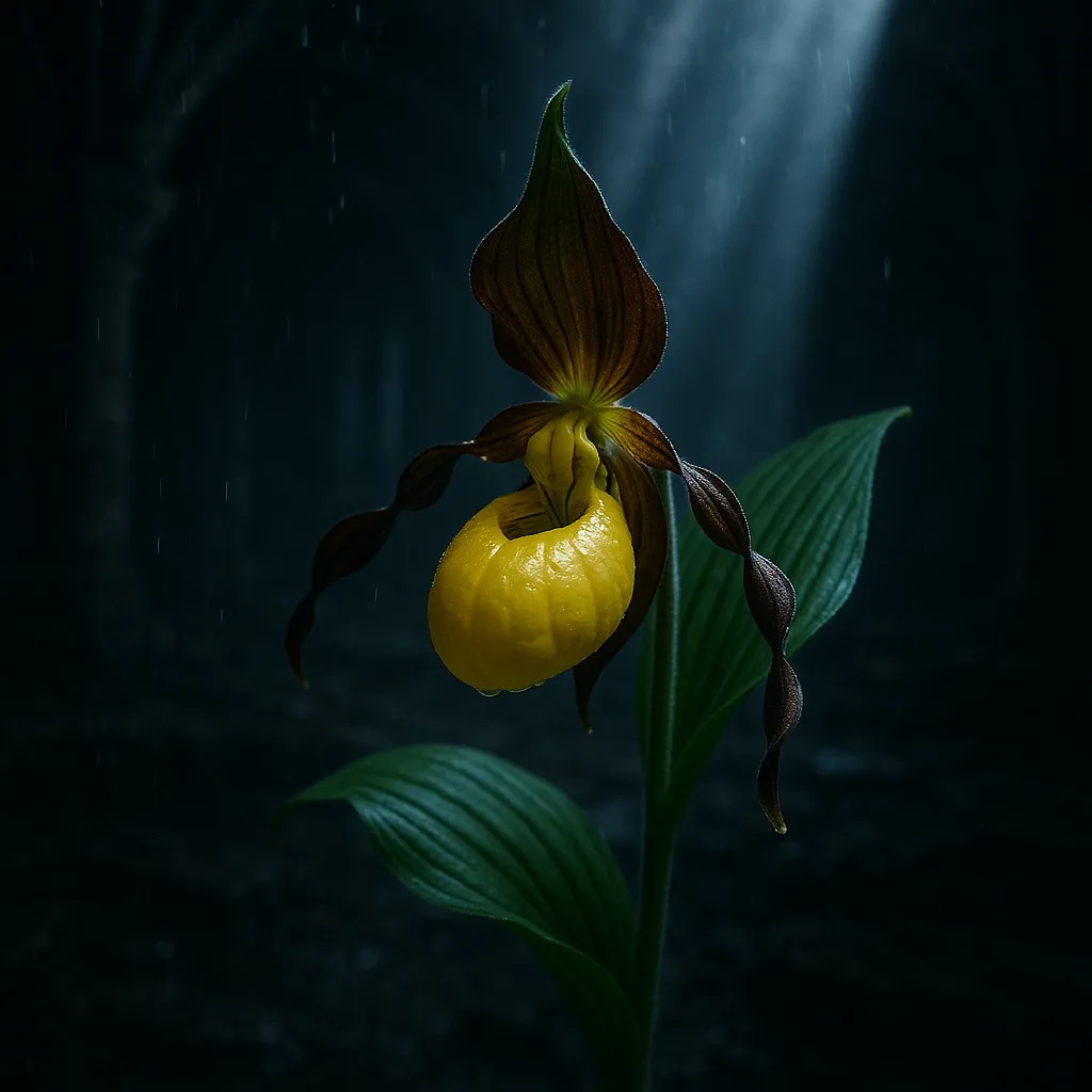 Single Yellow Lady's Slipper—its Sulphur Yellow Pouch Exhibiting a Smooth
