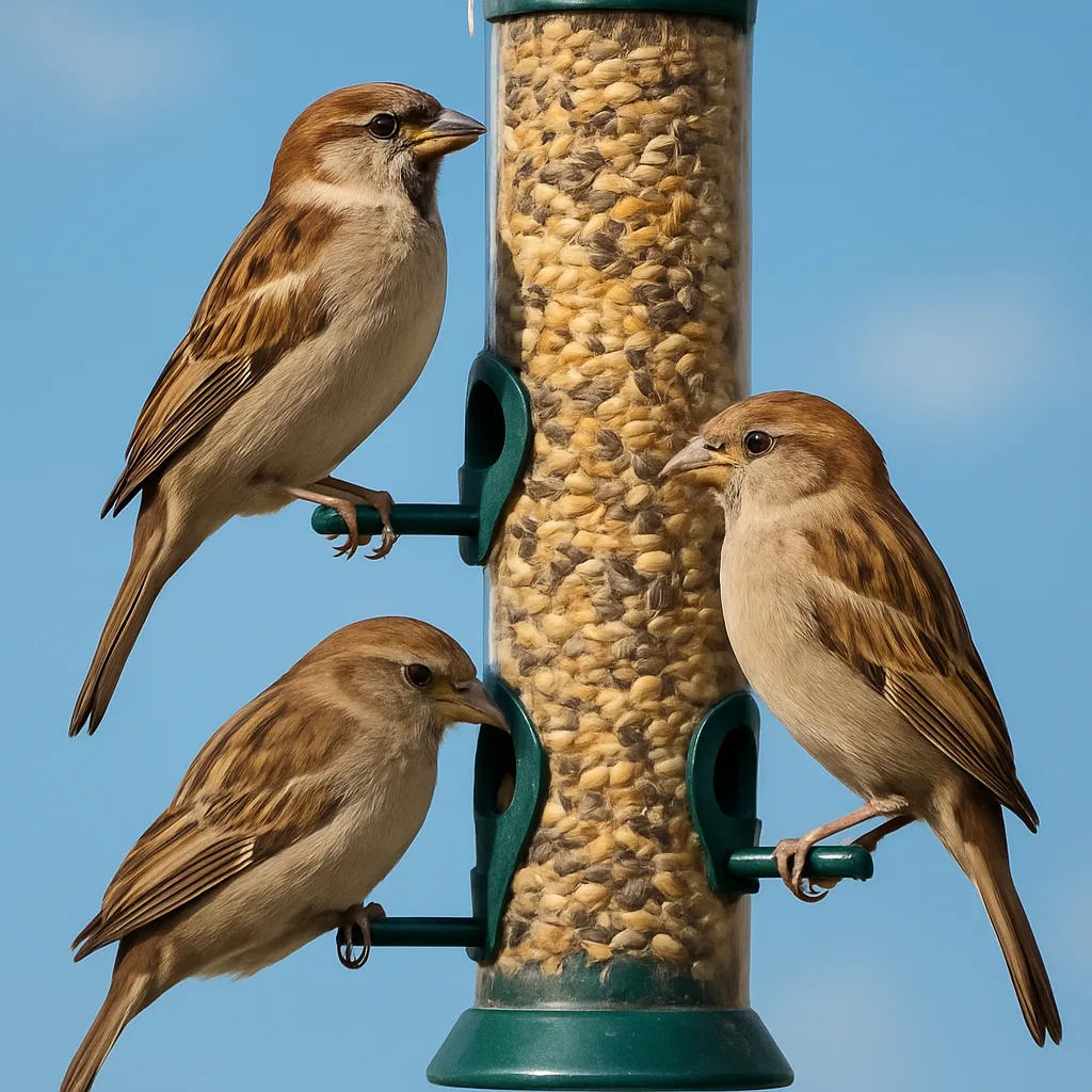 Three Sparrows Perched on a Vertical Bird Feeder