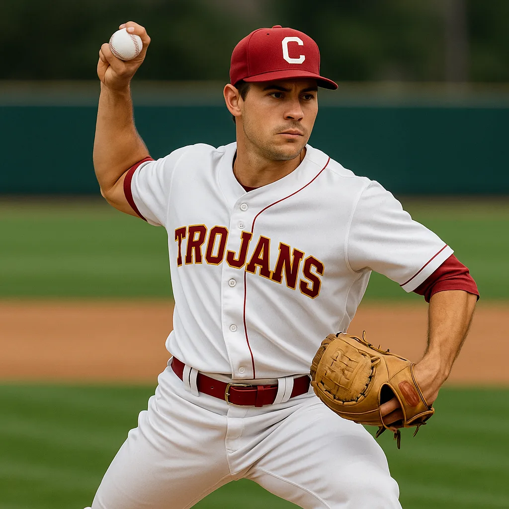 Baseball Player in a "Trojans" Uniform