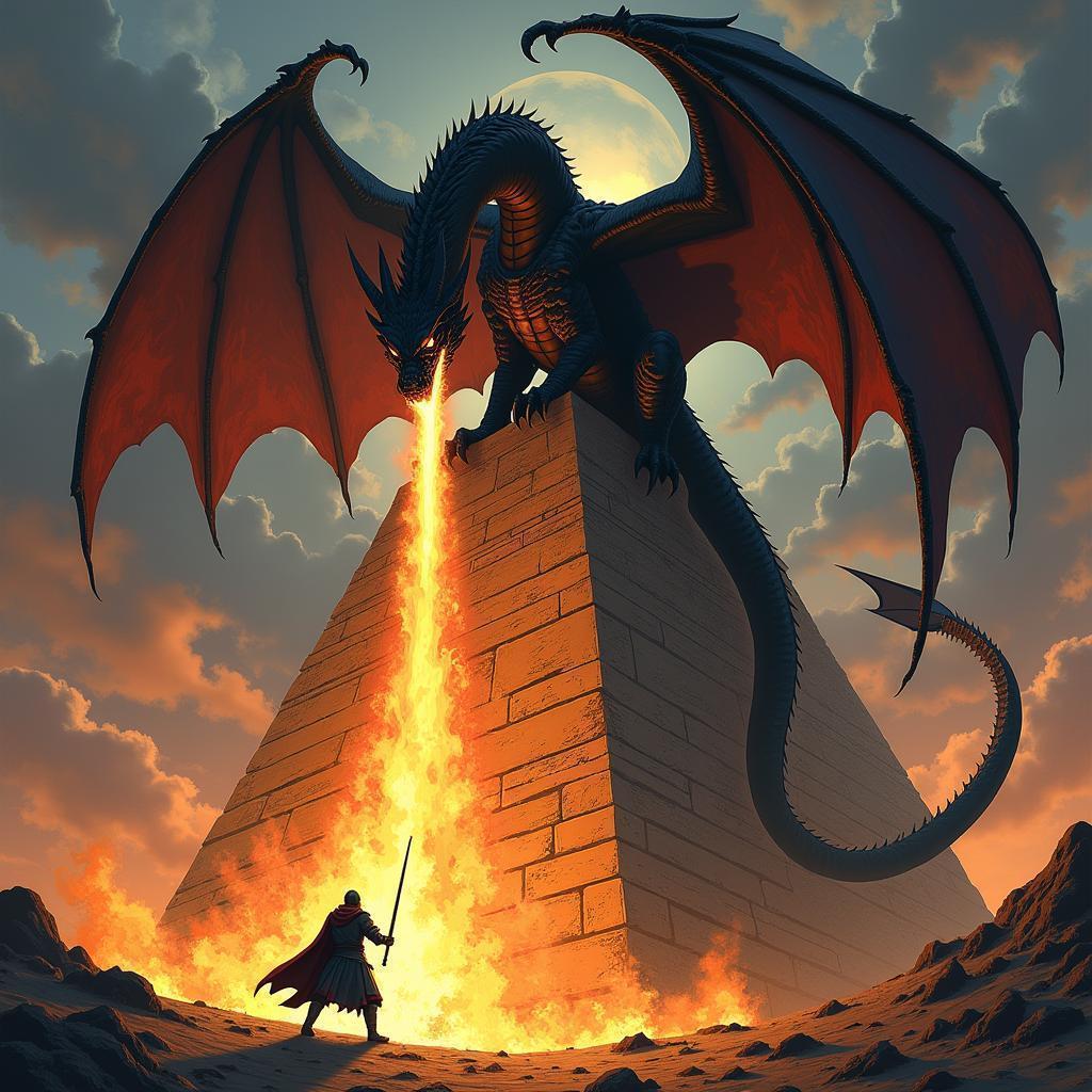 Black Dragon Breathing Fire From an Egyptian Obelisk