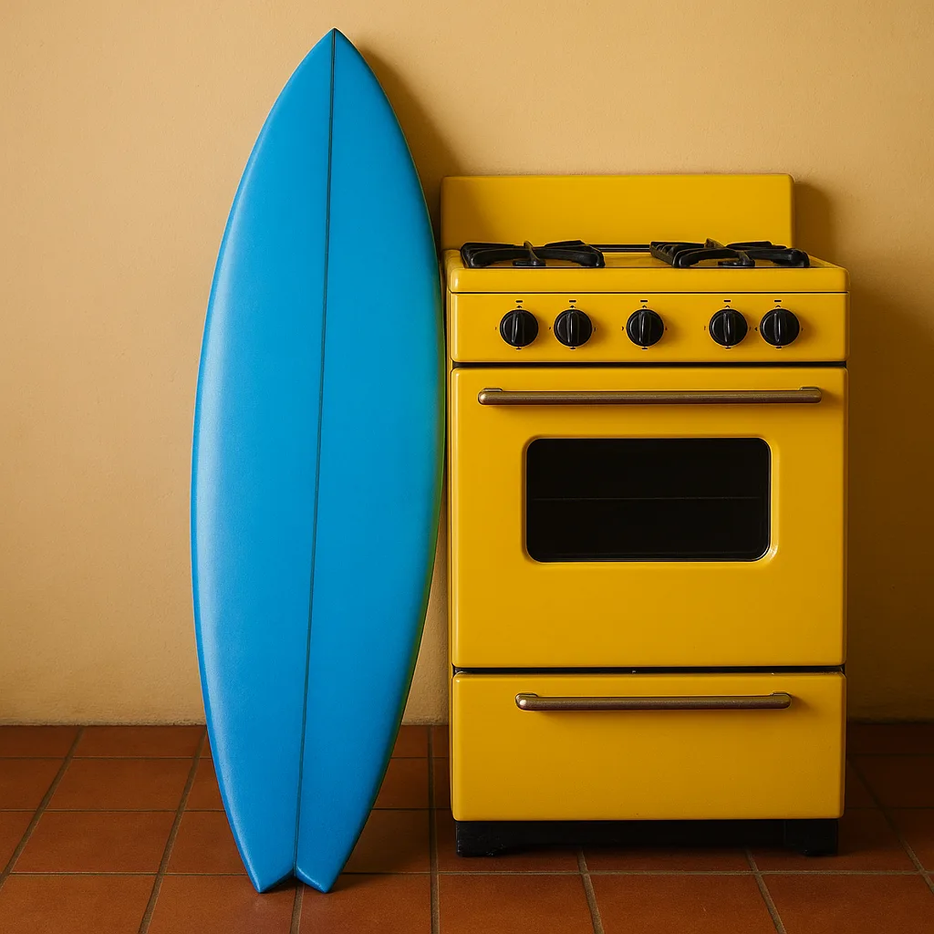Yellow Stove with a Blue Surfboard Propped Up Against It