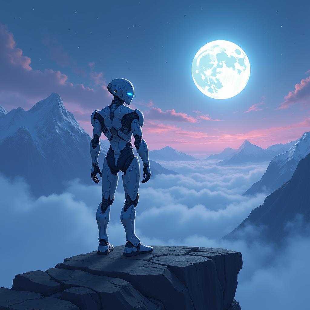 Blue Eyed Robot on Moonlit Anime Mountains