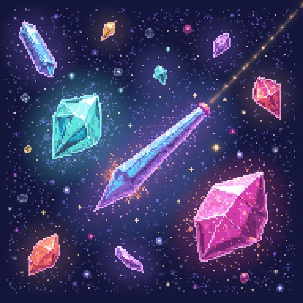 Pixelated Galaxy of Glowing Gems and Crystals