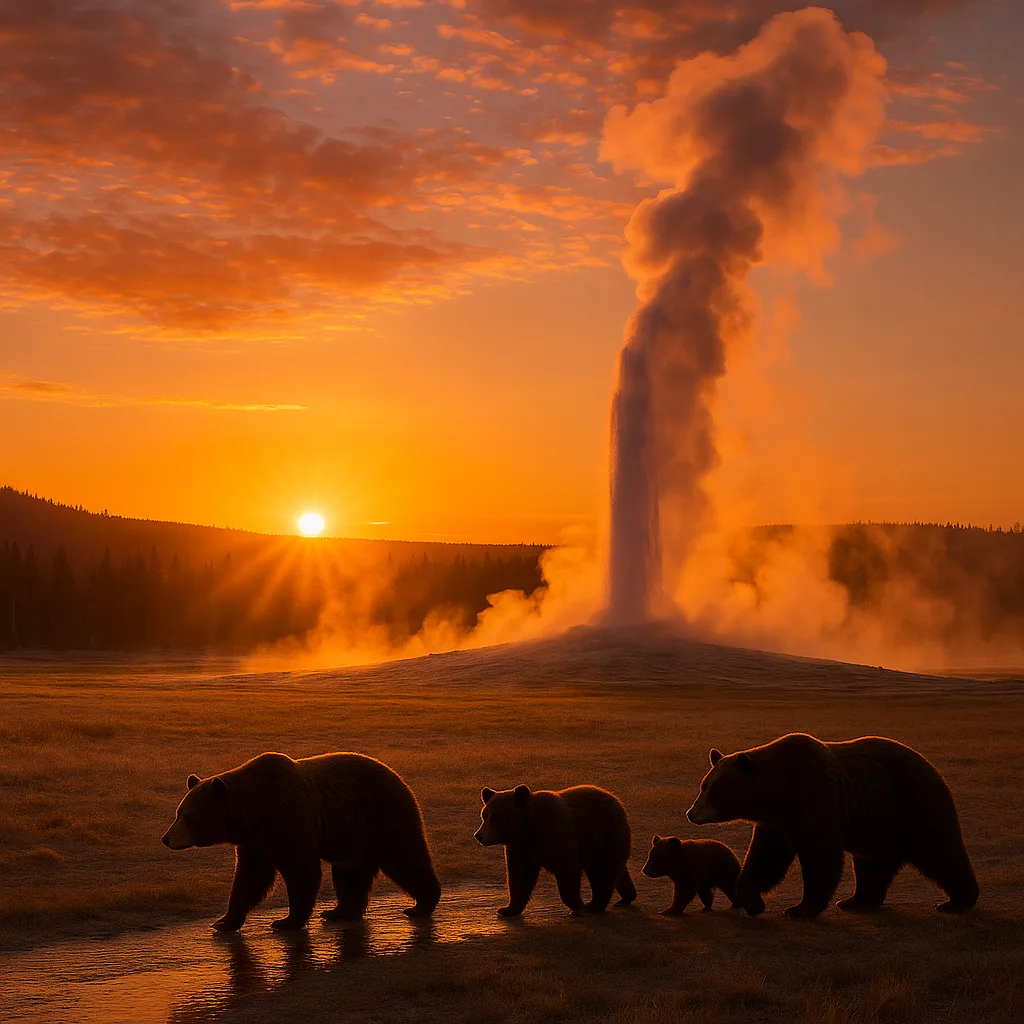 Bears Walking Together by the Stream near Old Faithful
