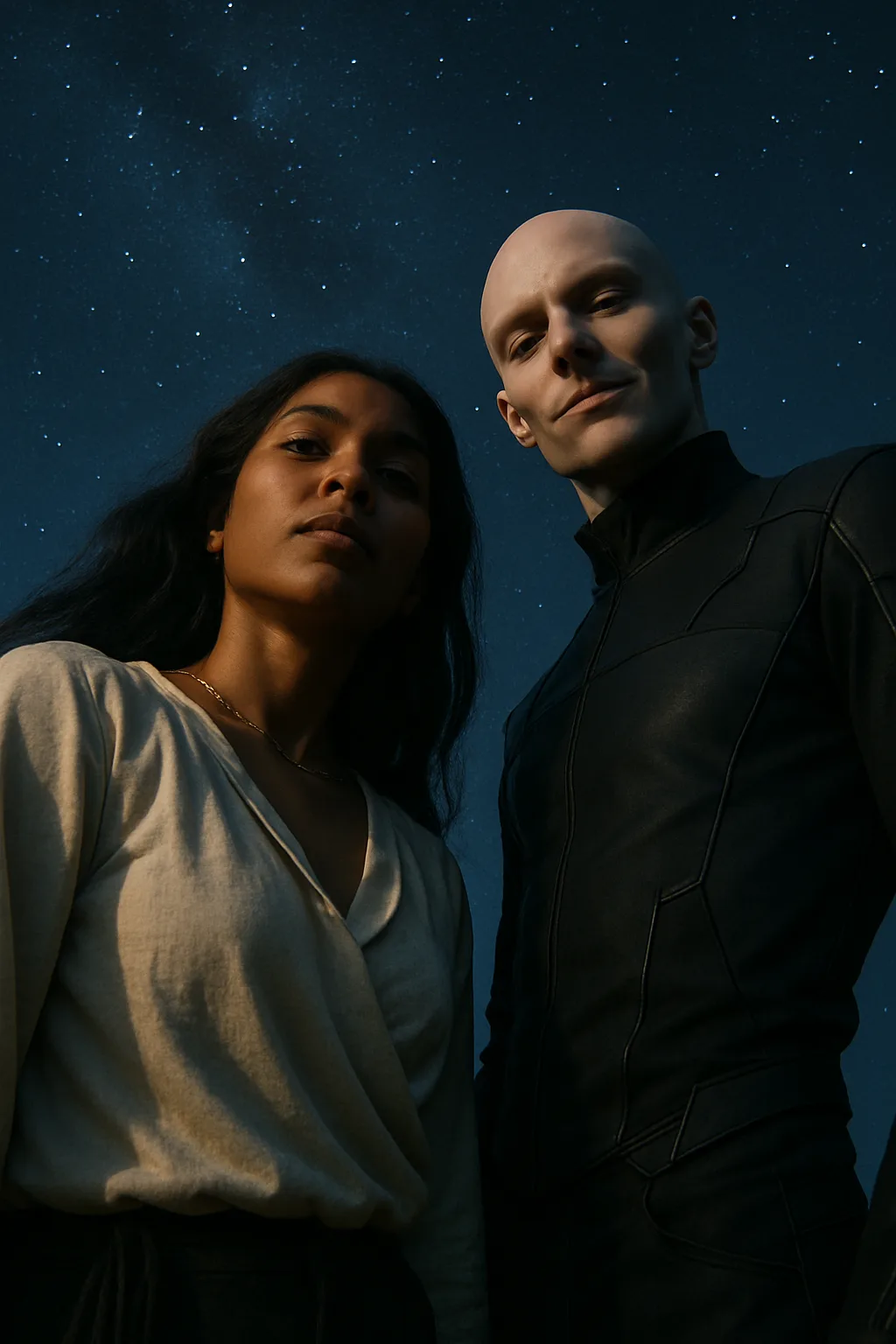 Tan-skinned Scientist in a Softly Draped Blouse
