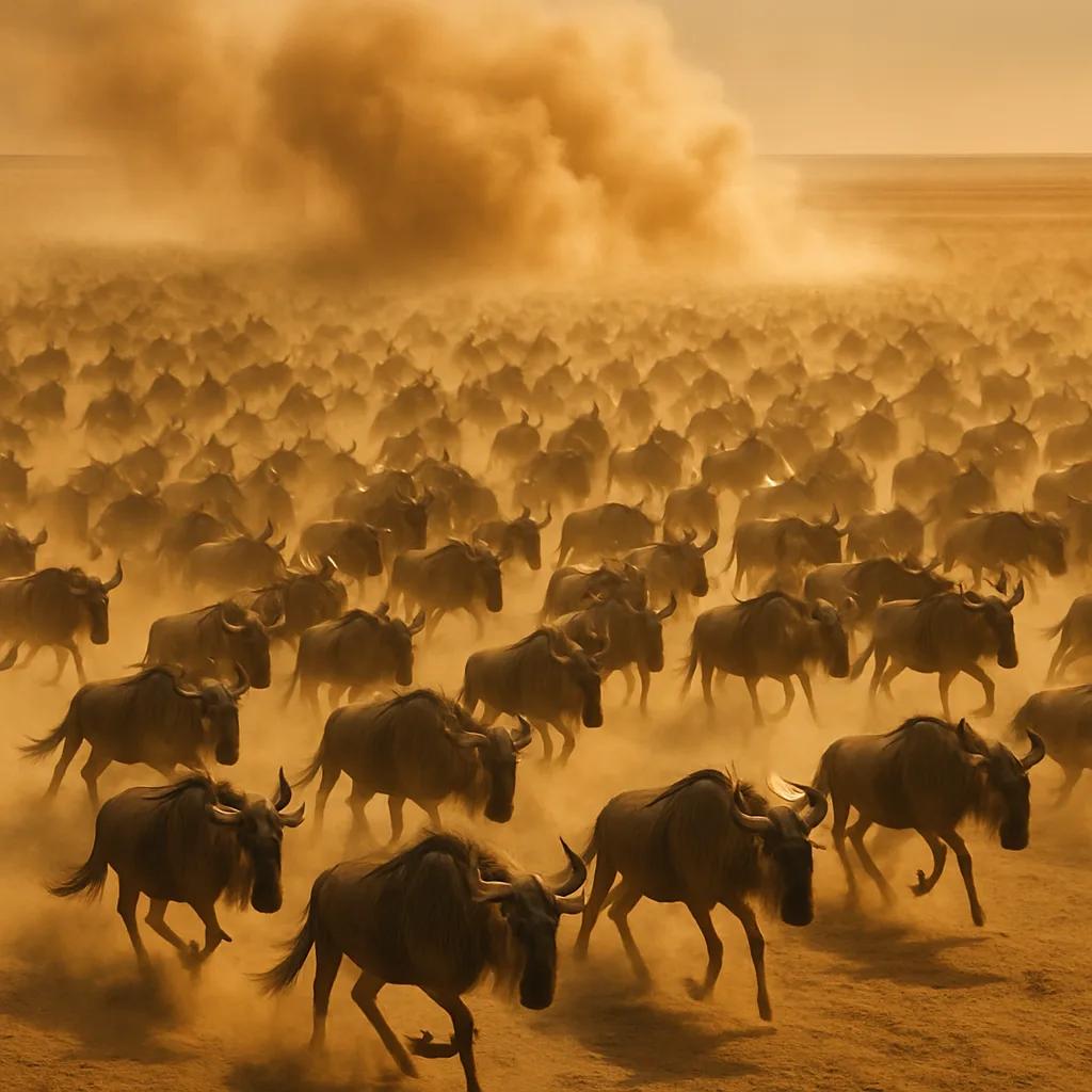 Vast Herd of Wildebeest Stampedes Across an Endless Dusty Plain