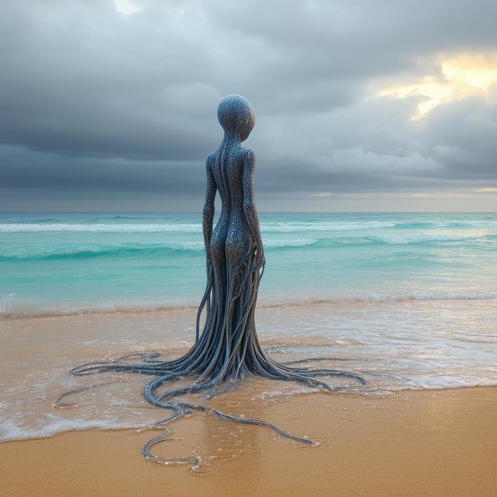 Tentacled Figure Gazing at a Moody Blue Ocean