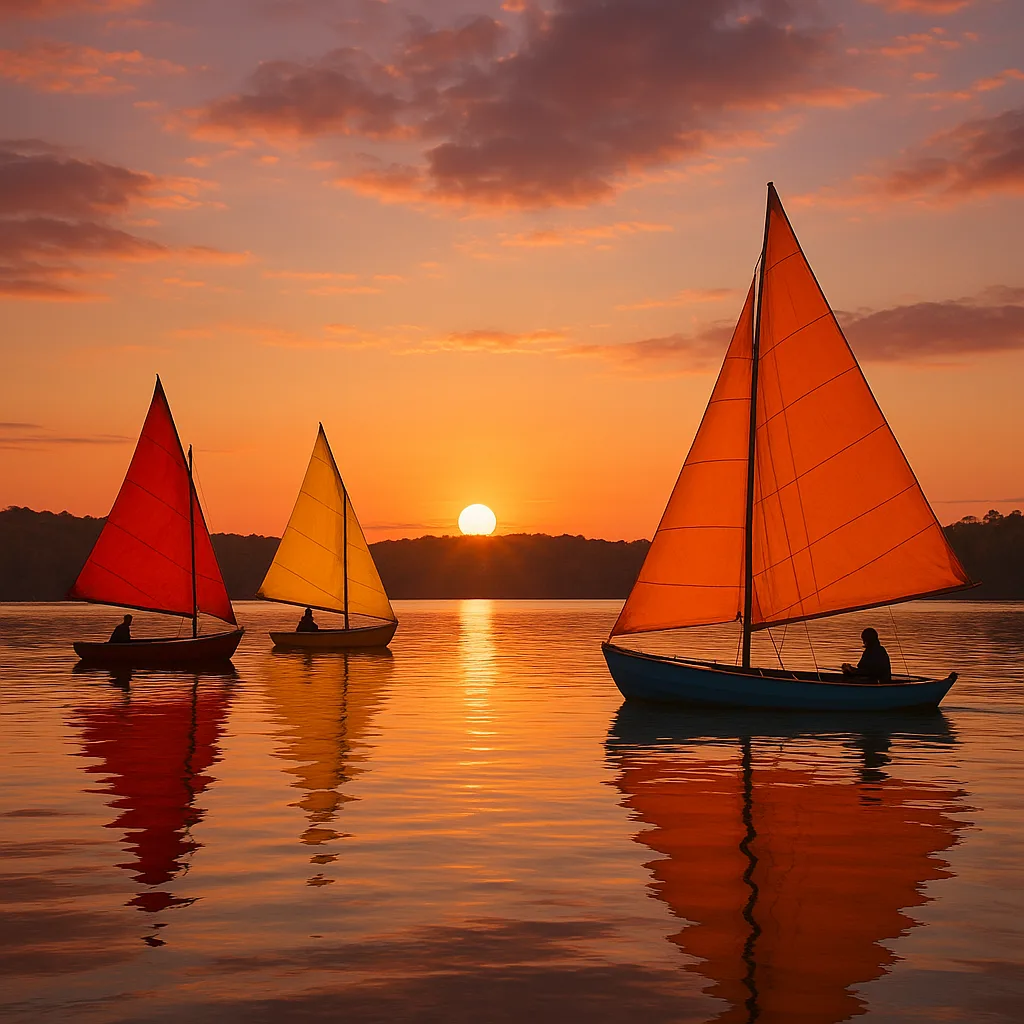 Tranquil Lake at Sunset Featuring Four Vibrant Sailboats
