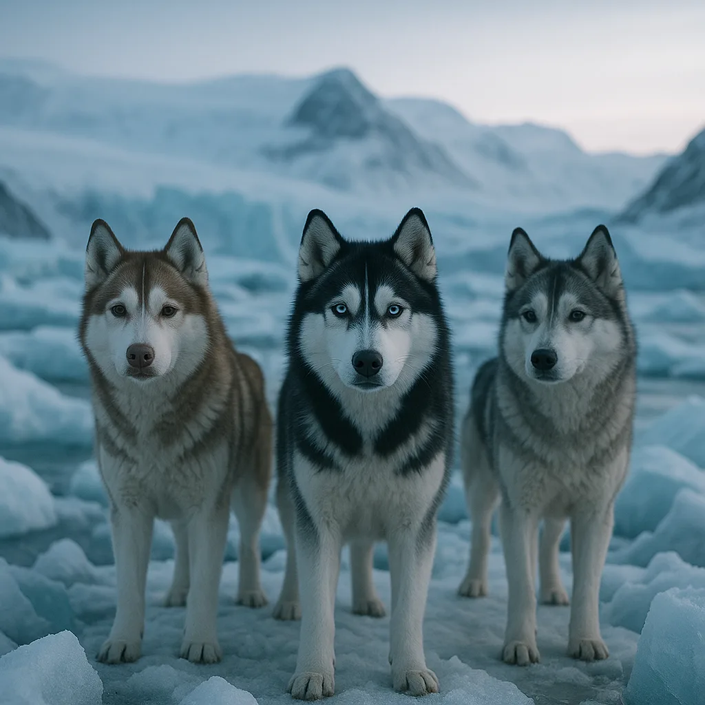 Three Diverse Siberian Huskies Amidst Arctic Ice Floes and Glaciers
