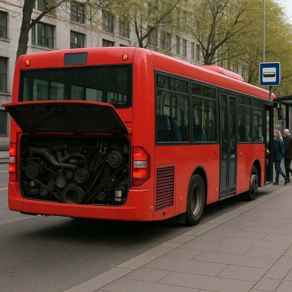 Red City Bus with its Engine Compartment Open