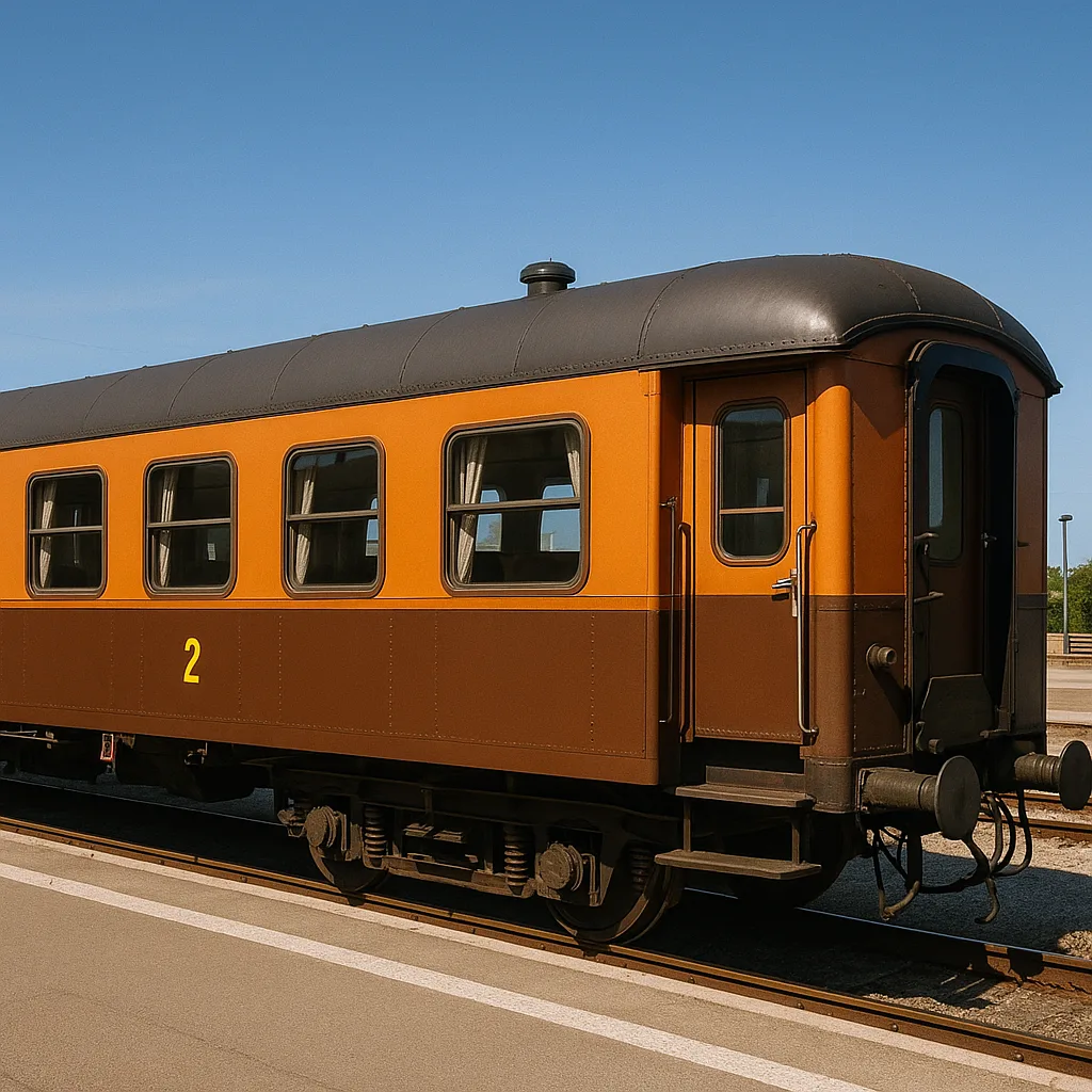Vintage Brown and Orange Passenger Train Car at a Station