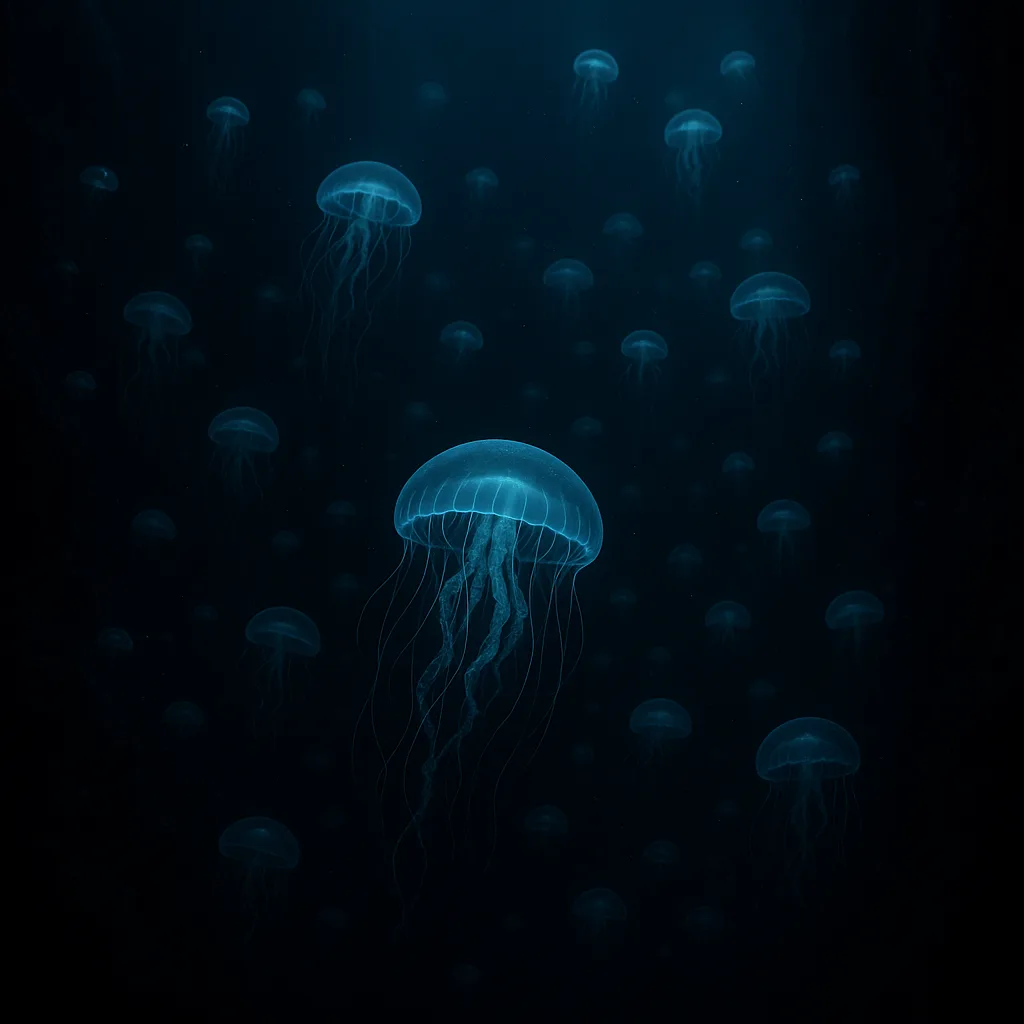 Myriad Glowing Jellyfish Drift Serenely