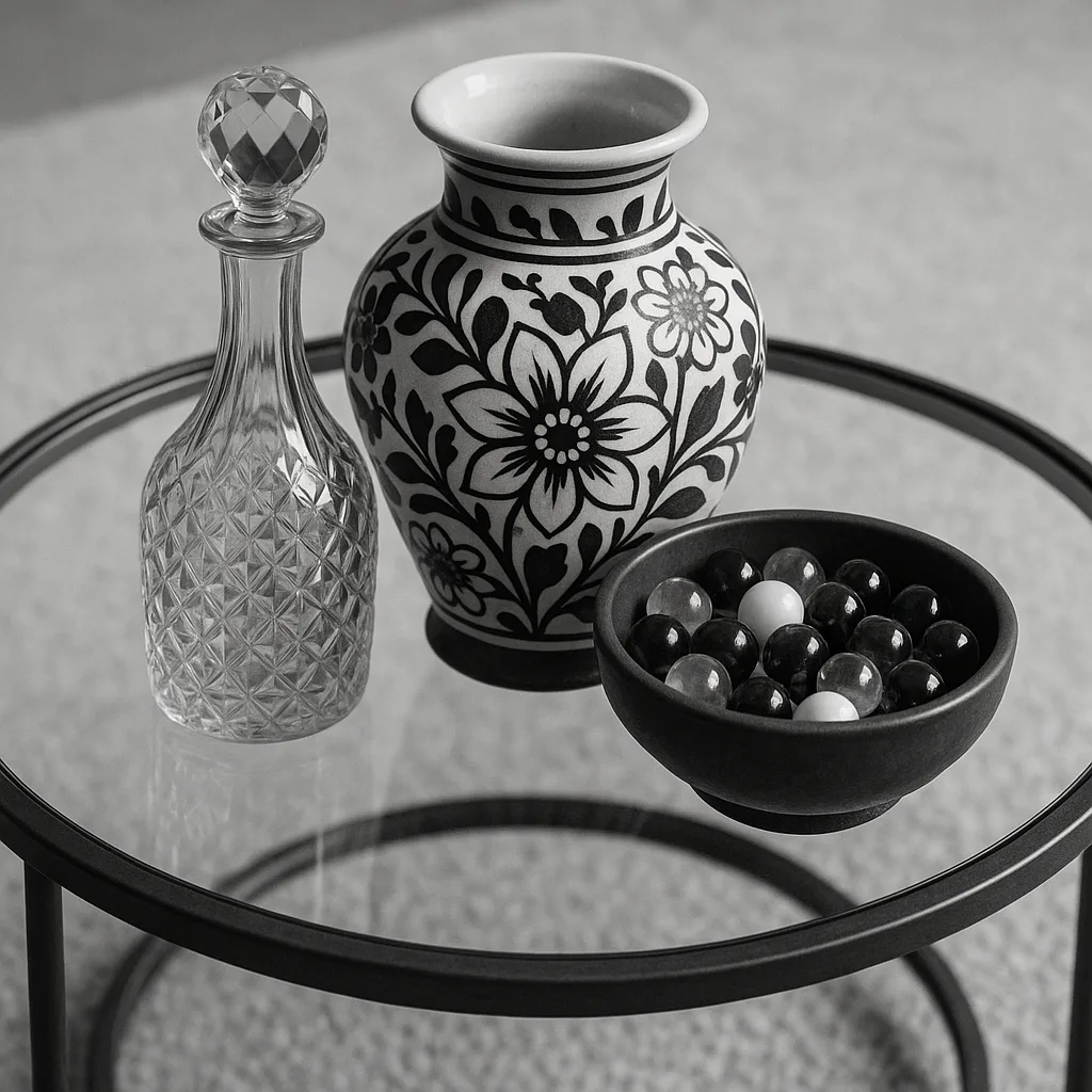 Glass-top Round Table Displaying a Decorated Vase