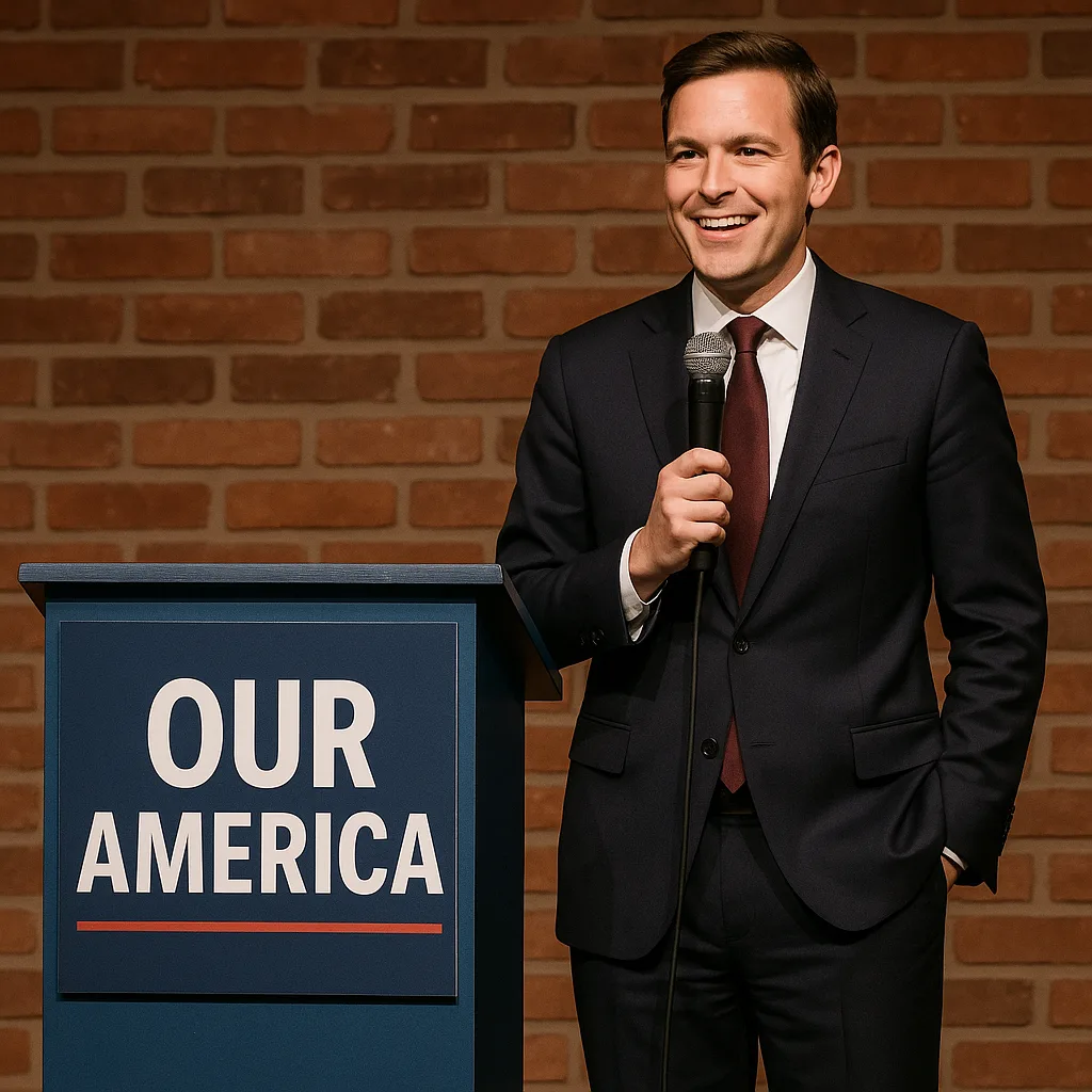 Man in a Suit Stands on Stage Holding a Microphone