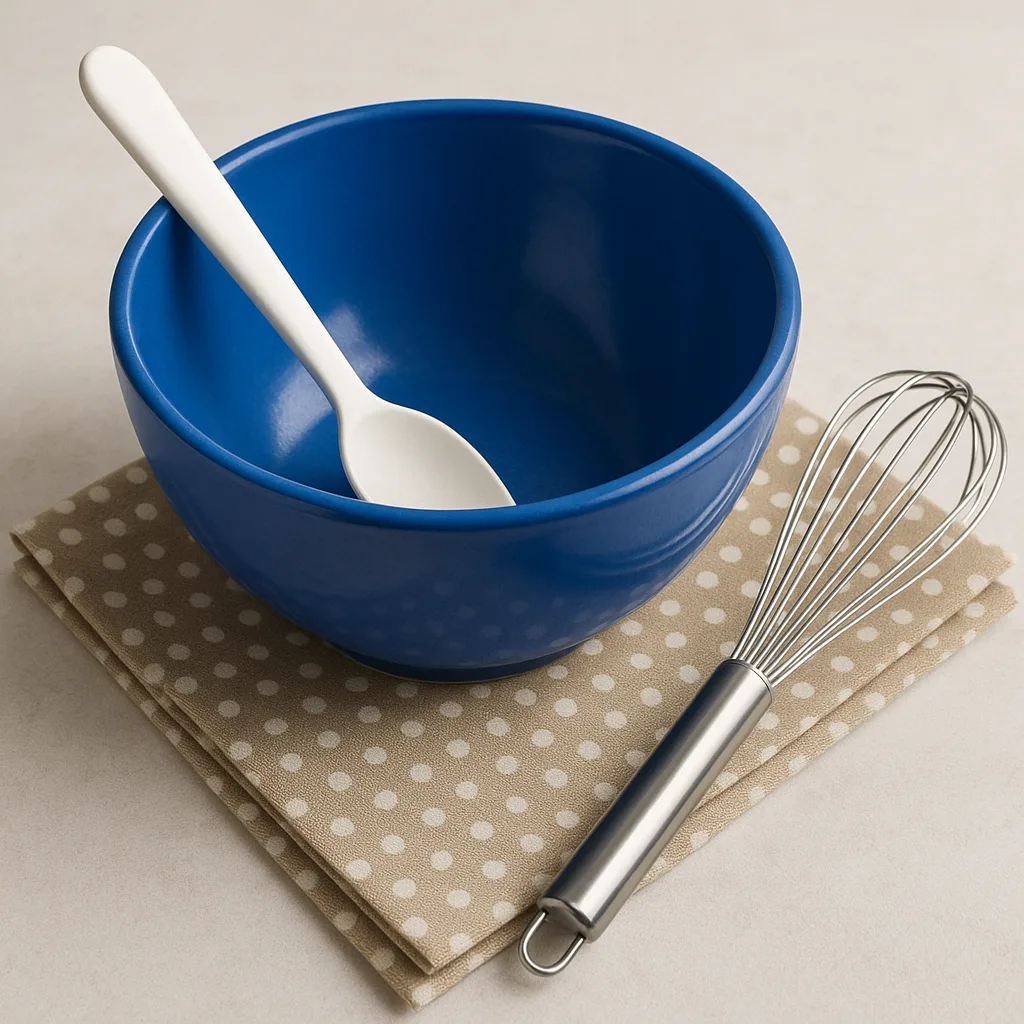Blue Mixing Bowl with a White Handle Spoon