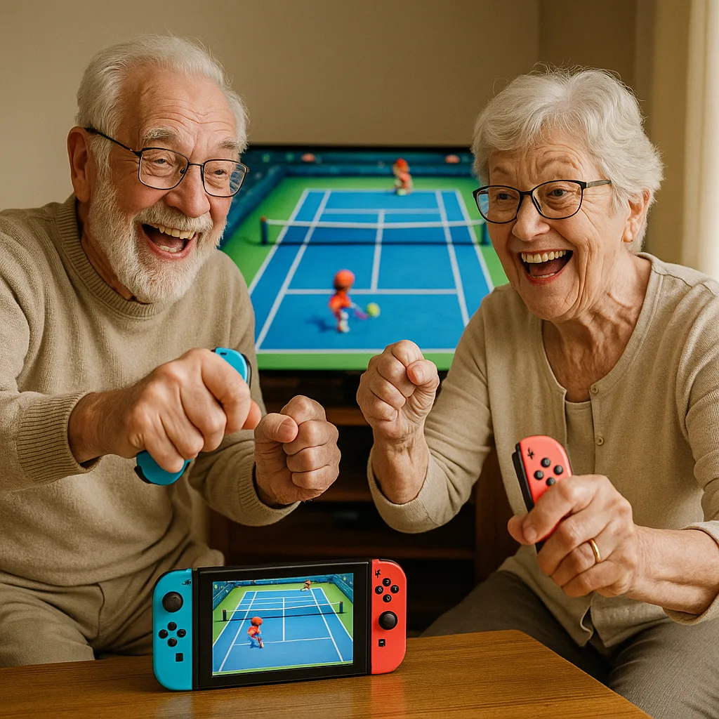 Older Couple Happily Playing a Virtual Tennis Match Together