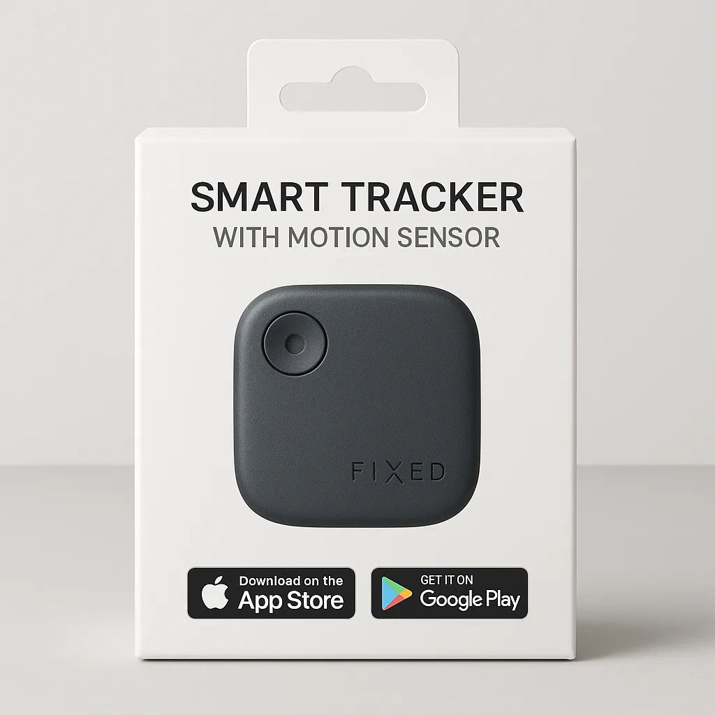 White Packaging Box Displaying a Compact Square-shaped Smart Tracker