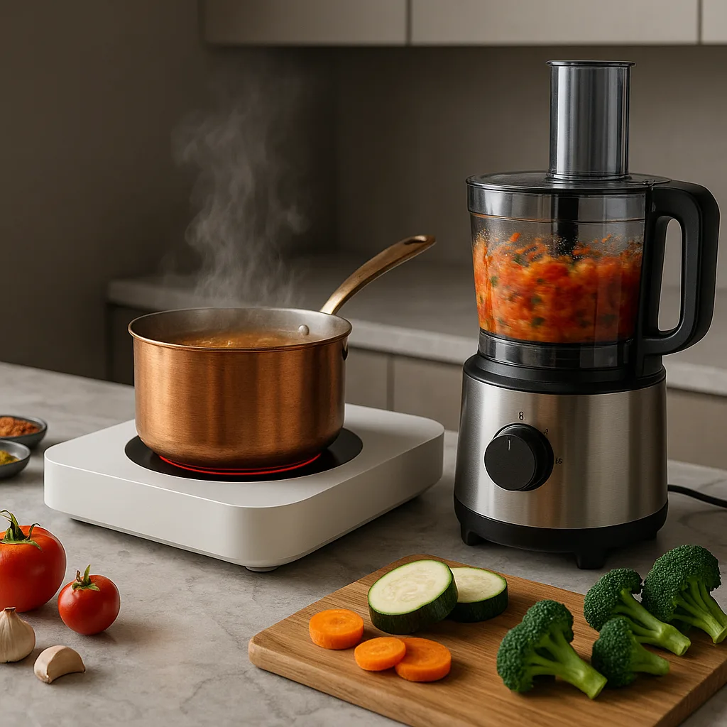 Modern Kitchen Scene Showcases a Matte White Induction Cooktop Set