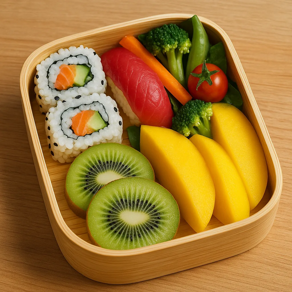 Vibrant Bamboo Bento Box Filled with Sushi