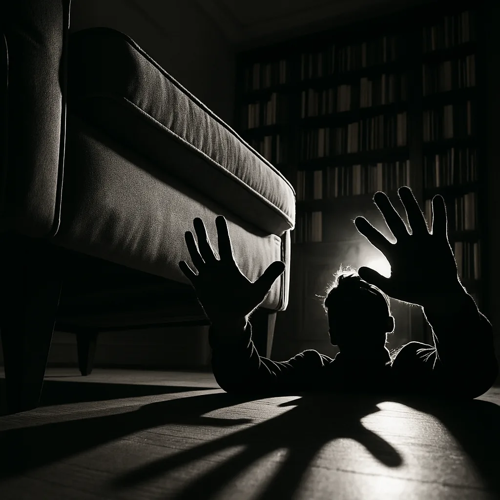 Man’s Dramatically Gesturing Hands Cast Stark Upward Shadows