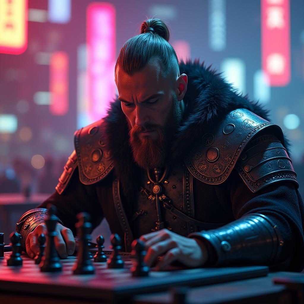 Ragnar Lothbrok Playing Chess in Cyberpunk Neon