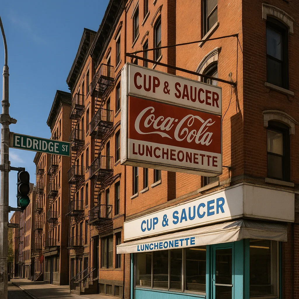 Street Corner with a "Cup & Saucer Luncheonette" Sign