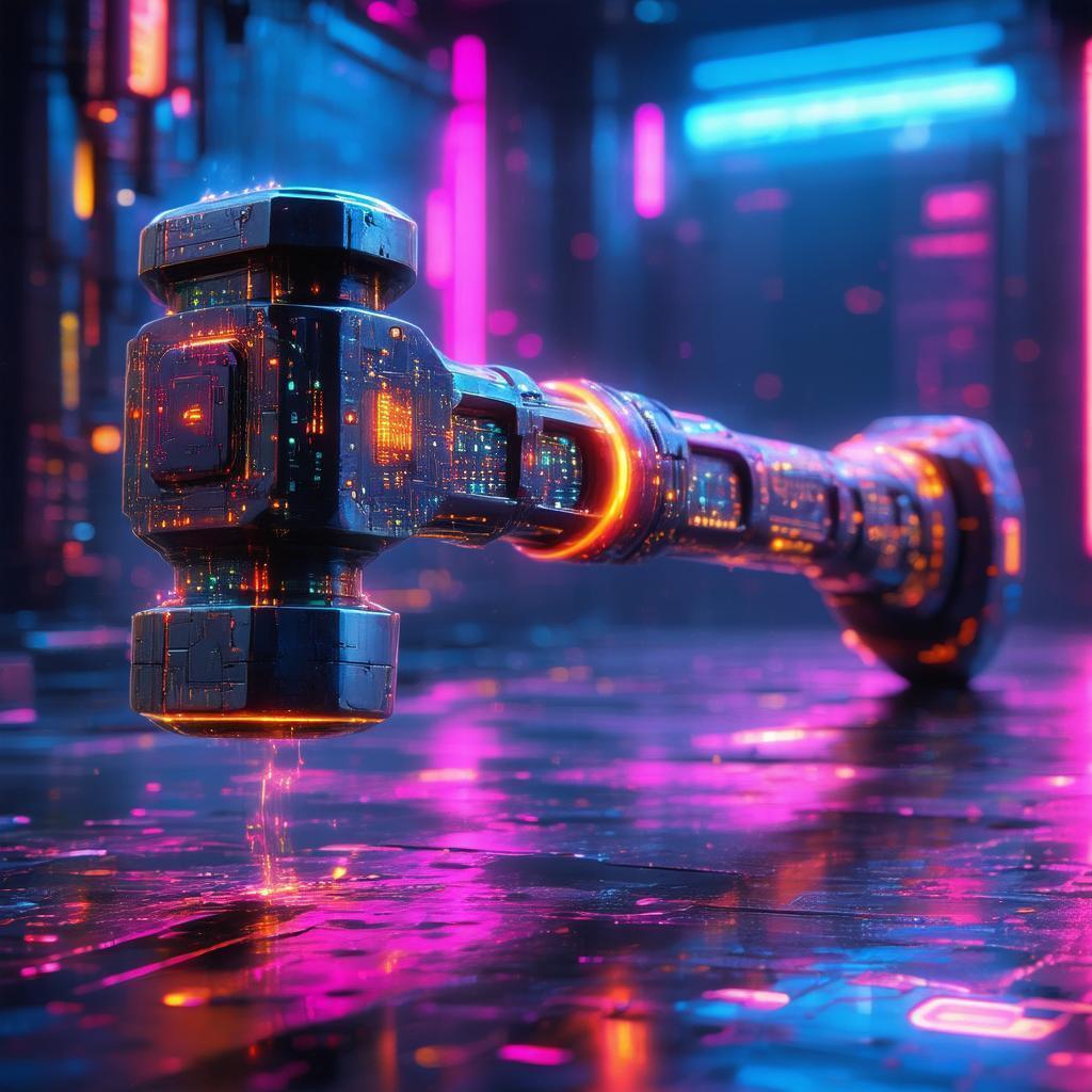 Futuristic Digital Hammer With Glowing Neon Circuits