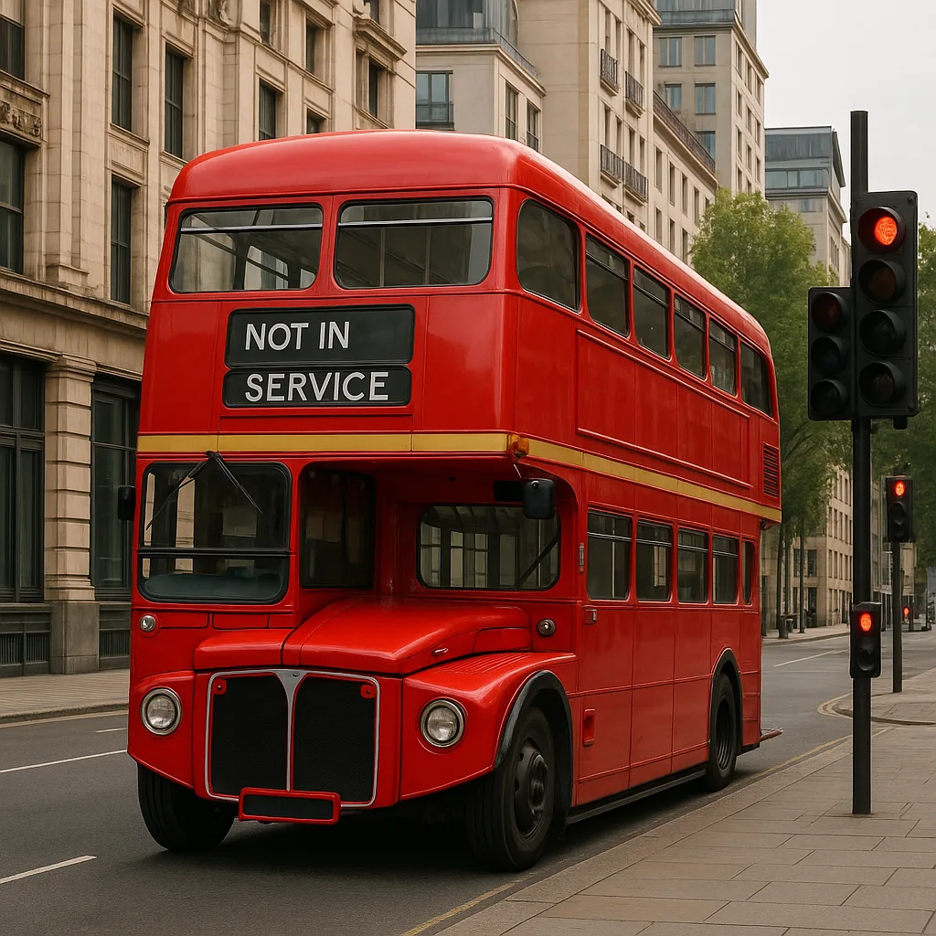 Red Double-decker Bus Labeled "Not in Service"