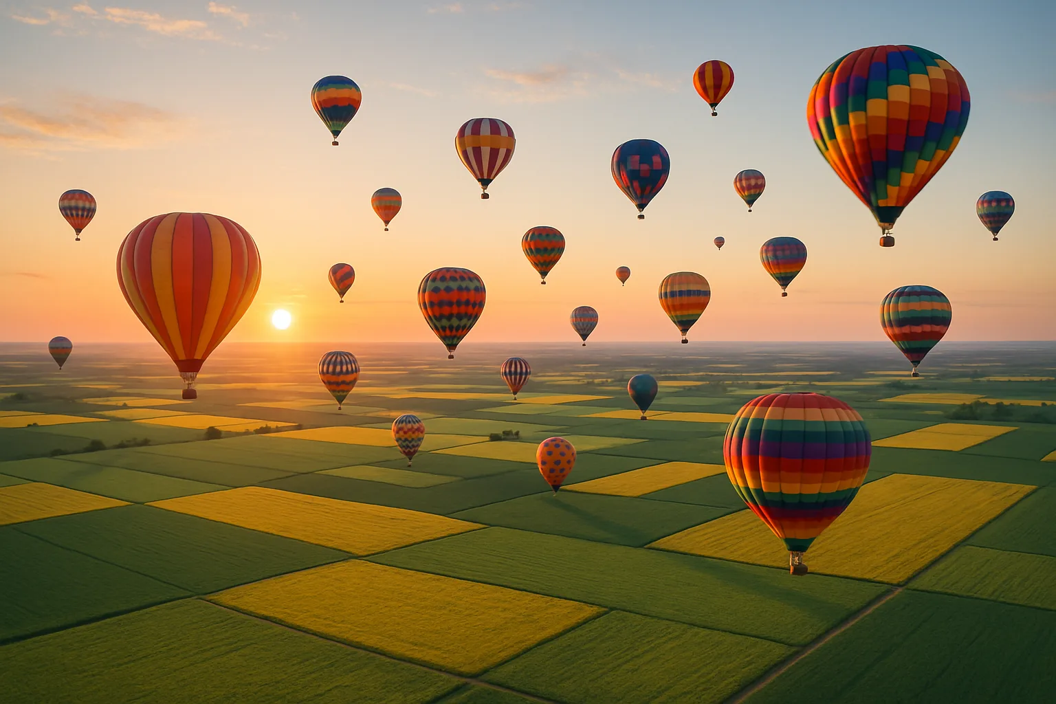 Multitude of Colorful Hot Air Balloons Drift Serenely
