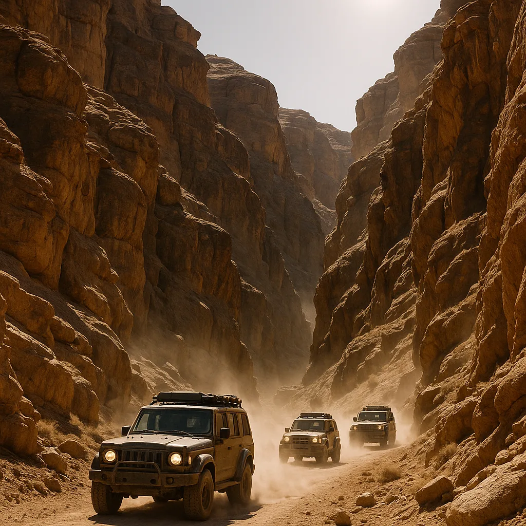 Small Convoy of Rugged Off-road Vehicles Kicks Up Dust Plumes