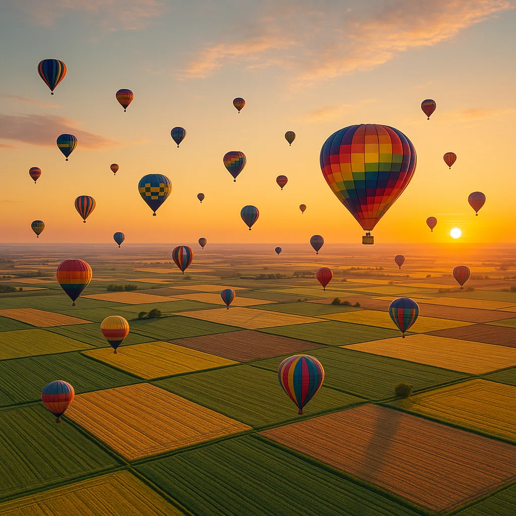 Multitude of Colorful Hot Air Balloons Drift Serenely