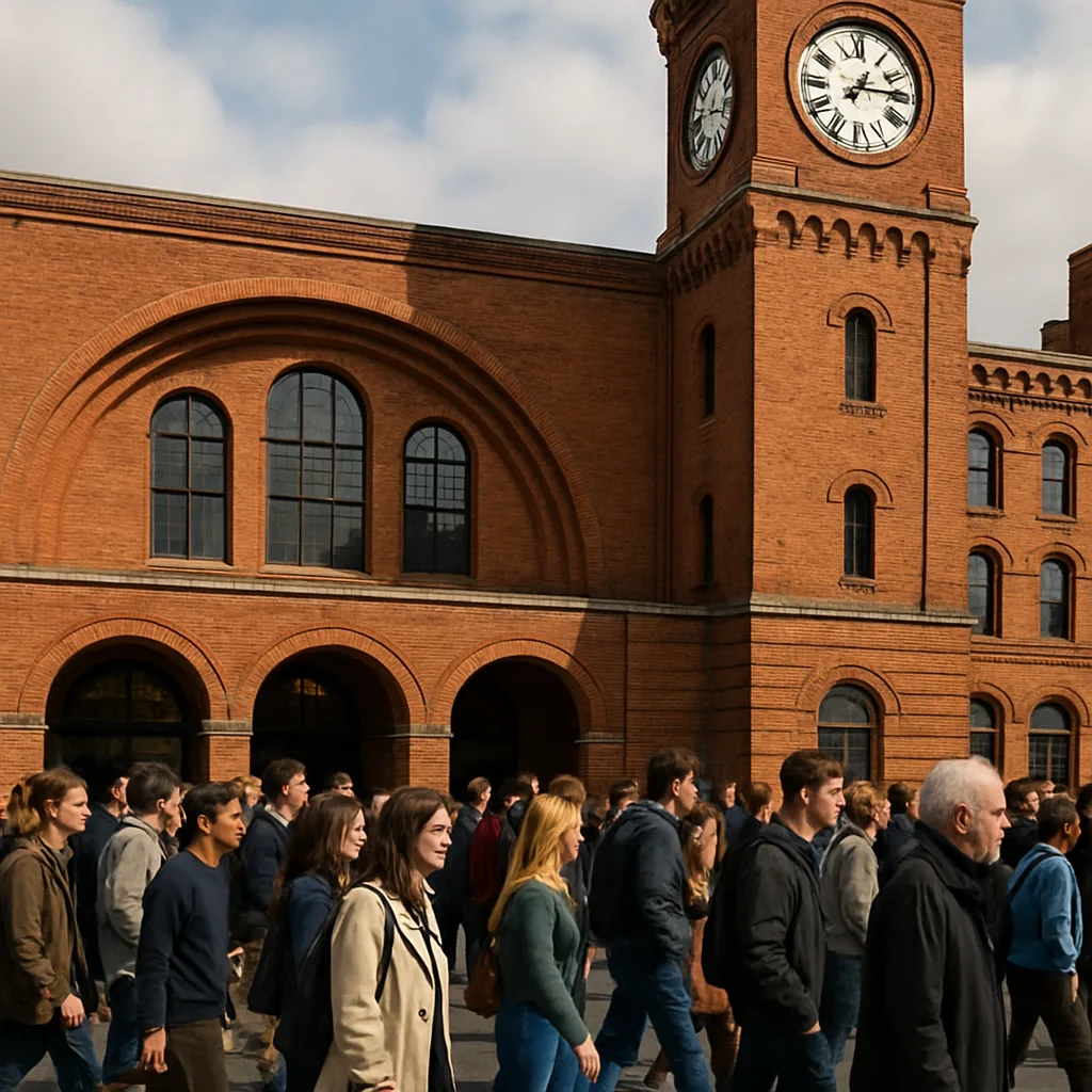 Group of People Moving by a Brick Structure