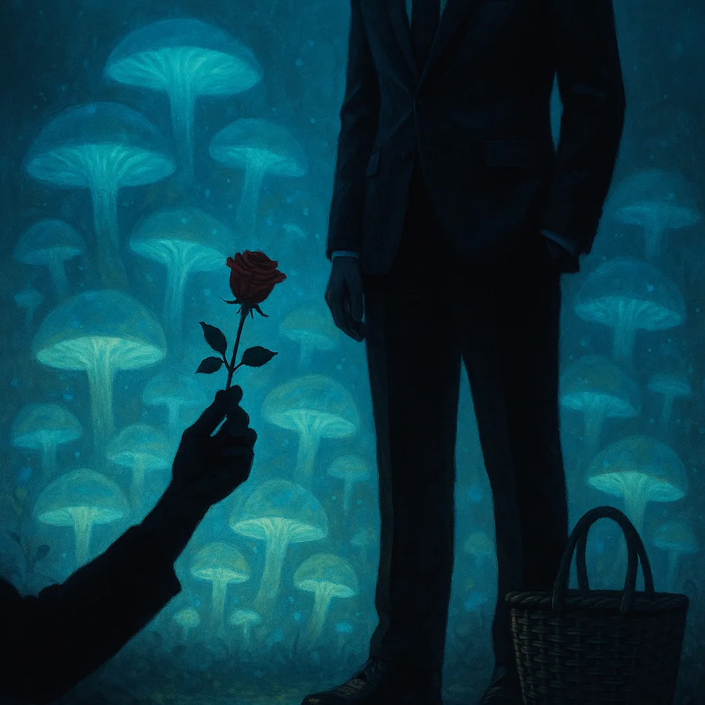 Trickster's Shadowed Hand Offers a Single Rose Upwards
