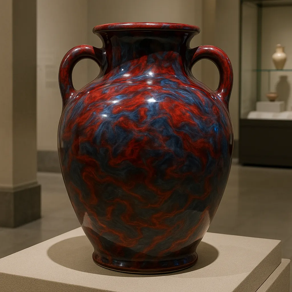 Large Ceramic Vase with a Glossy Red and Blue-marble Finish