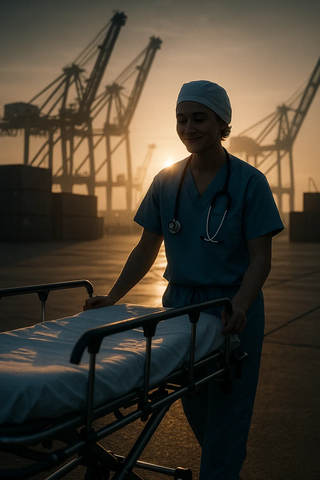 Healthcare Worker with a Gentle Smile Maneuvers a Stretcher
