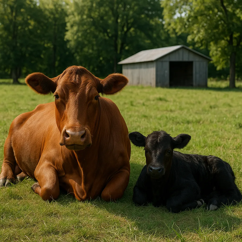Brown Cow Lies on a Grassy Field Next