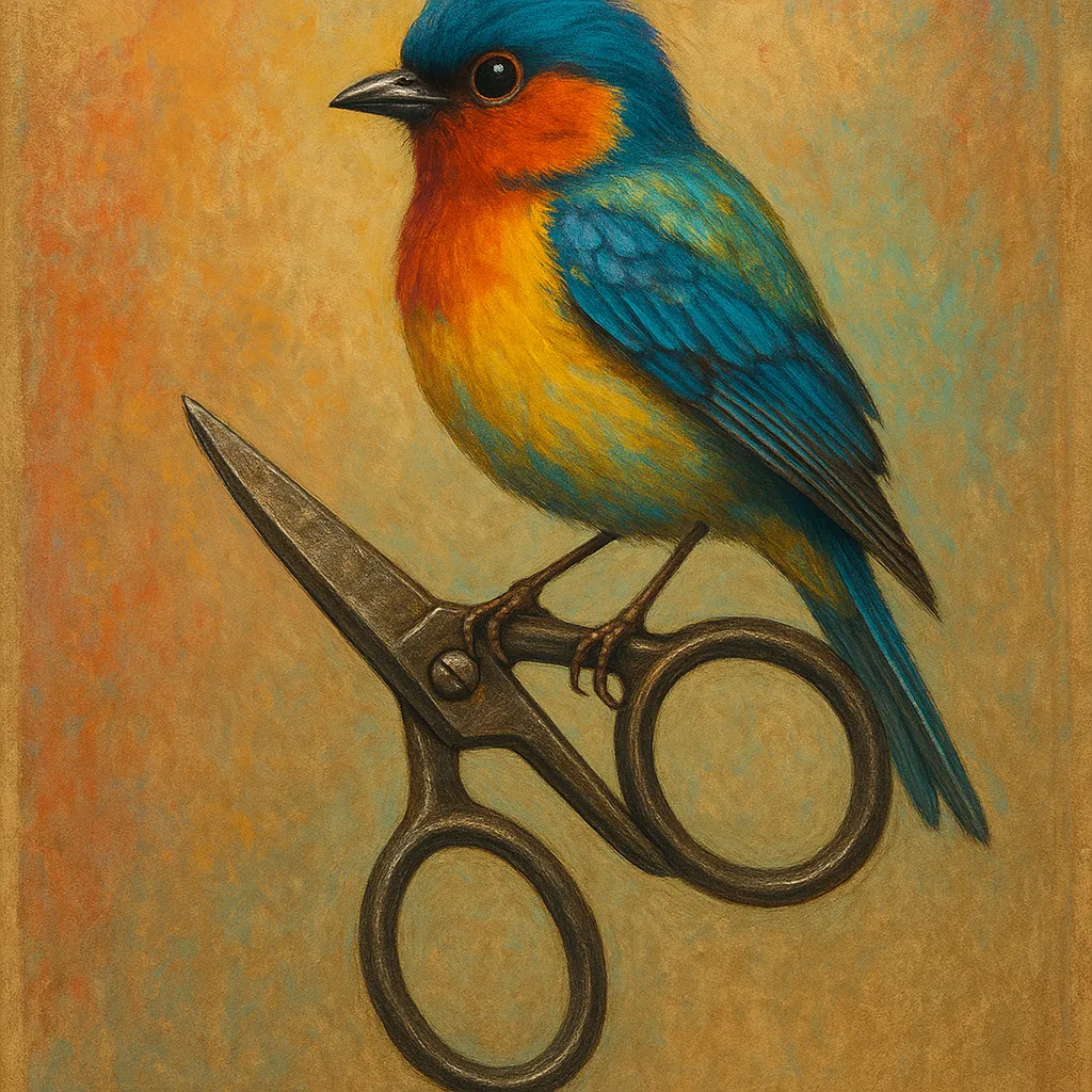 Vibrantly Hued Bird Resting Atop an Antique Pair of Scissors
