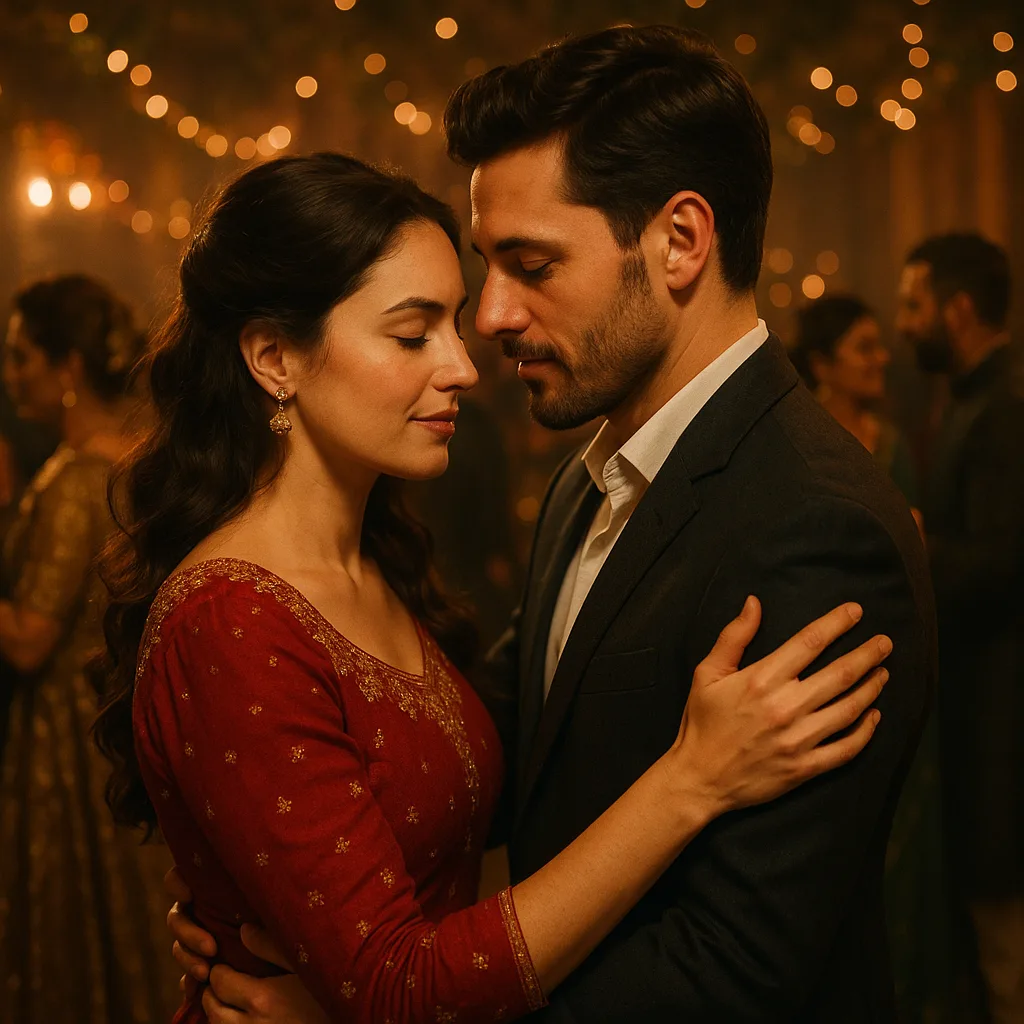 Man and a Woman Are Dancing Closely in a Festive